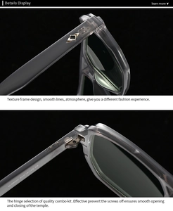 Detail view of transparent grey purple sunglass frame with premium metal hinge and rivets