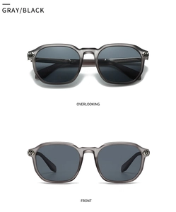 Front and top view of square sunglasses with gray frames and silver metal arrow hinge