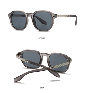 Detail view showing the 45-degree side and back fold of grey vintage sunglasses
