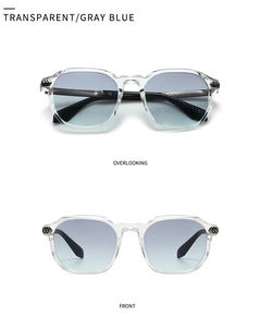 Detailed view of polygon sunglasses with transparent frames and gray blue gradient lenses