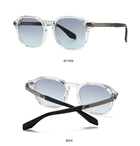 Detailed views of gray frame sunglasses with blue gradient lenses and metal temple accents