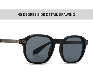 Detailed side view of black sunglasses featuring silver metallic rivet accents and hinges