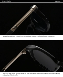 Detail of round sunglasses frame with golden metal temple and high-quality hinge