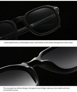 Detail view of black square sunglasses with metallic arrow accents and frame dimensions