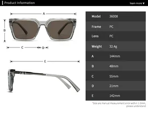 Detailed size chart with precise dimensions for rectangle frame PC sunglasses