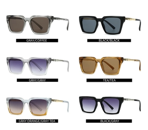Matrix view of oversized square sunglasses showing six distinct color frame and lens options