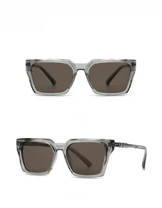 Front and side view of grey frame sunglasses with coffee lenses and metal hinges