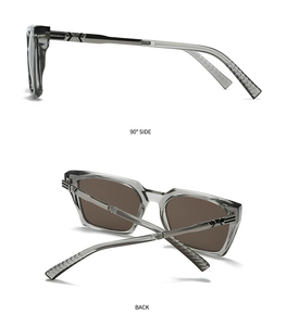 Side and back view of taupe transparent resin sunglasses with dark brown lenses