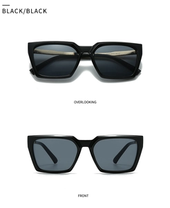 Detailed front and top views of black square sunglasses with gold inner temple texture