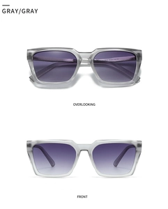 Top and front view of gray square sunglasses with purple gradient lenses