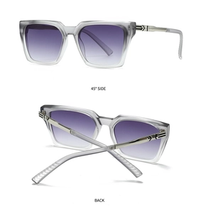 Detail view of square grey frosted frames with purple gradient lenses and silver accents