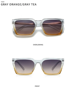 Dual view of square gradient sunglasses in gray orange and gray tea tones with side markings