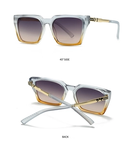 Detail view of square gradient frames and golden metal temples of these sunglasses