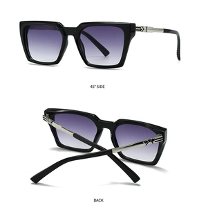 Detailed views of black square sunglasses with purple gradient lenses and silver temple hinges