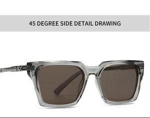 45-degree side view showing transparent grey frame and durable metal hinges of the sunglasses