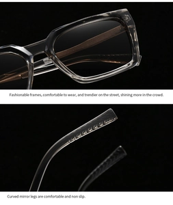 Detail of square eyewear frame showing anti-slip temple tips and thick clear grey material