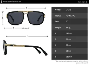 Detailed size chart for retro oversized square sunglasses with PC and metal frames