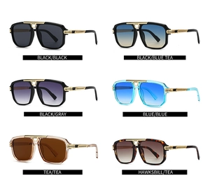 Collage of retro oversized square sunglasses in black, tea, and gradient lens options
