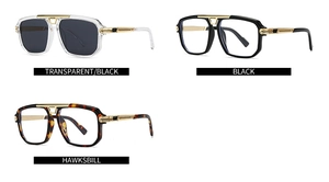 Detail view of vintage aviator sunglasses in clear black, matte black and tortoiseshell