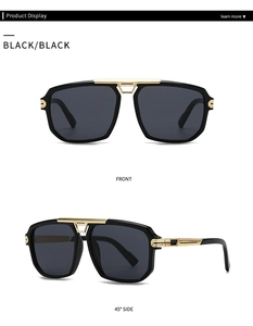 Detailed front and side views of oversized black sunglasses with gold metal accents