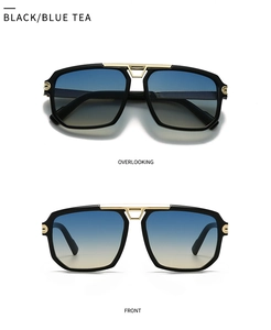 Detail view of black frame sunglasses with golden double bridge and blue tea gradient lenses