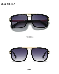 Front and top view of modern oversized sunglasses with black frames and gradient lenses
