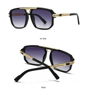 Detail view showing the 45-degree side and back of modern black and gold square sunglasses