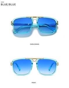 Detail view of large square blue sunglasses with golden accents and gradient blue lenses
