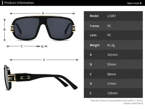 Detailed size chart for retro large frame sunglasses with full frame measurements and weight