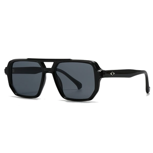 Classic black square sunglasses with double-bridge and silver diamond rivets on white background
