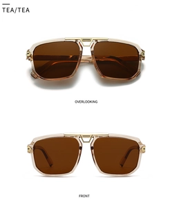 Detailed front and top view of champagne gold square sunglasses with brown lenses