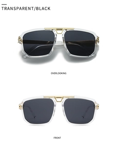 Top and front view of square sunglasses with transparent frame and gold metal bridge