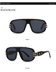 Front and side view of modern retro aviator sunglasses with black frame and gold metal bar