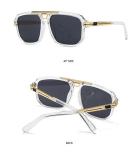 Detail view of transparent sunglasses frames with golden accents from 45 degree side and back