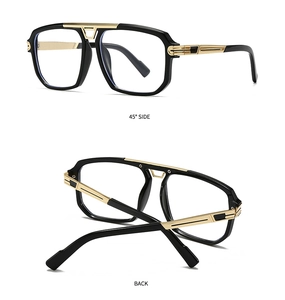 Detail view of modern retro oversized frames with black gold metal hinges and side profile
