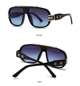 Detailed side and back view of retro square sunglasses with gold metal hinge accents