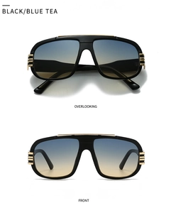 Detail of pilot sunglasses with black frame, gold bridge and blue-tea gradient lenses