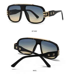 Dual view of oversized pilot sunglasses with gold accents and gradient lenses