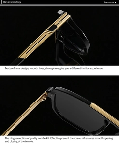 Detailed close-up of reinforced metal hinges and hollowed gold temples on black sunglasses