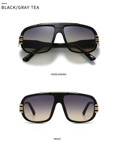 Front and top views of retro oversized sunglasses with black frame and gold metal accents