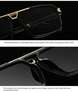 Detail of premium black pilot sunglasses with golden metal hinges and soft silicone nose pads