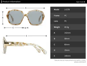 Detailed size chart for LH278 modern polygon sunglasses with full frame dimensions