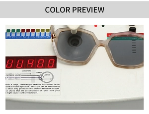 Detailed UV400 protection test showing pink polygon sunglasses on a professional UV tester