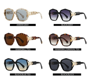 Collage of multi-colored oversized geometric polygon sunglasses with gold metal accents