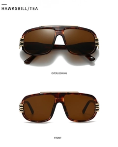 Detail of retro pilot sunglasses with hawksbill frames and golden metal bridge accents