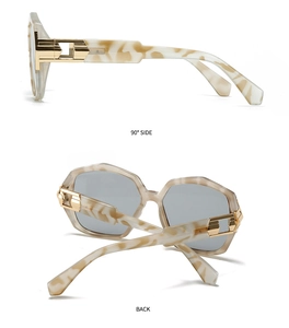 Detail view showing 90-degree side and back of tortoiseshell geometric sunglasses