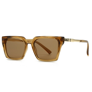 Retro tortoise square sunglasses with amber resin frame and golden metal temple accents