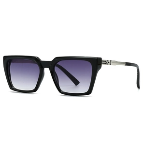 Classic black square sunglasses with purple gradient lenses and silver metal accents