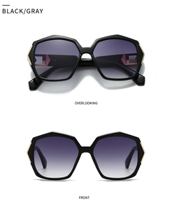 Front and top views of retro oversized geometric sunglasses with black frames and gold accents