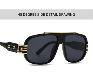 Detailed 45-degree view of retro oversized sunglasses with gold metal accents